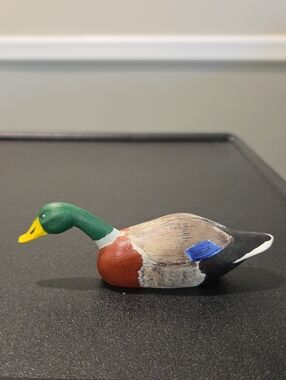 Hand-Painted Mallard Duck Figurine - Green, Brown, Black Signed Pon Wood "88"